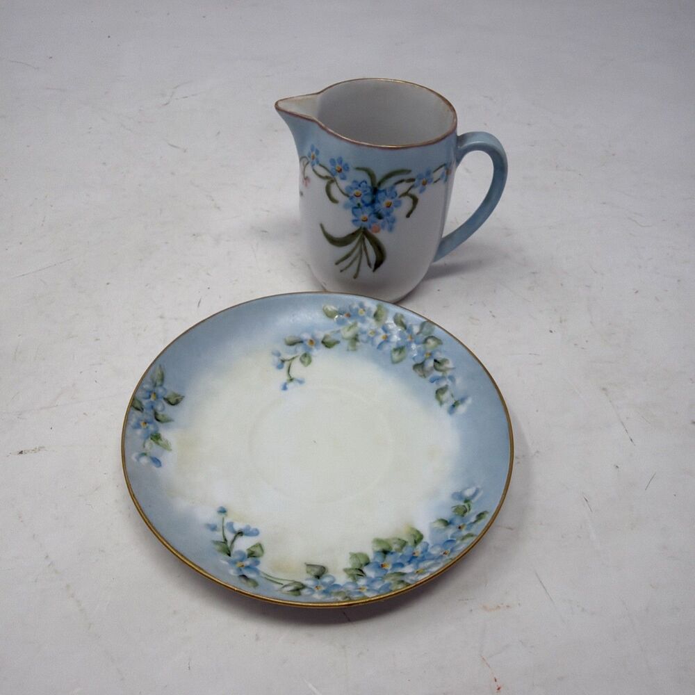 Royal Crescent China Bavaria Creamer Saucer Artist Signed Hand Painted Floral